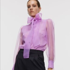 Zara XS Sheer Purple Organza Bow Tie Long Sleeves